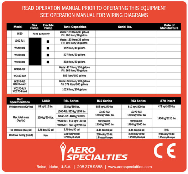 Decal, L&W, LC/WC 40/60/80/180/270 Specifications, 6.5" x 6"