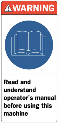 Decal. L&W, WARNING: Read and understand operator's manual, 1.625" x 3.5"