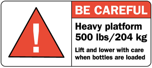 Decal, O2N2, BE CAREFUL: Heavy platform 500lbs, 4.875" x 2.125"