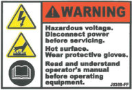 Decal, JetGo, WARNING: Hazardous Voltage. Disconnect Power Before Servicing, 2.5" x 1.75"
