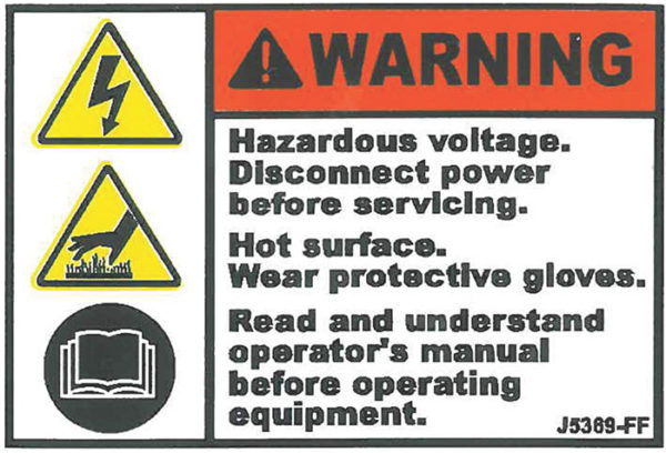 Decal, JetGo, WARNING: Hazardous Voltage. Disconnect Power Before Servicing, 2.5" x 1.75"
